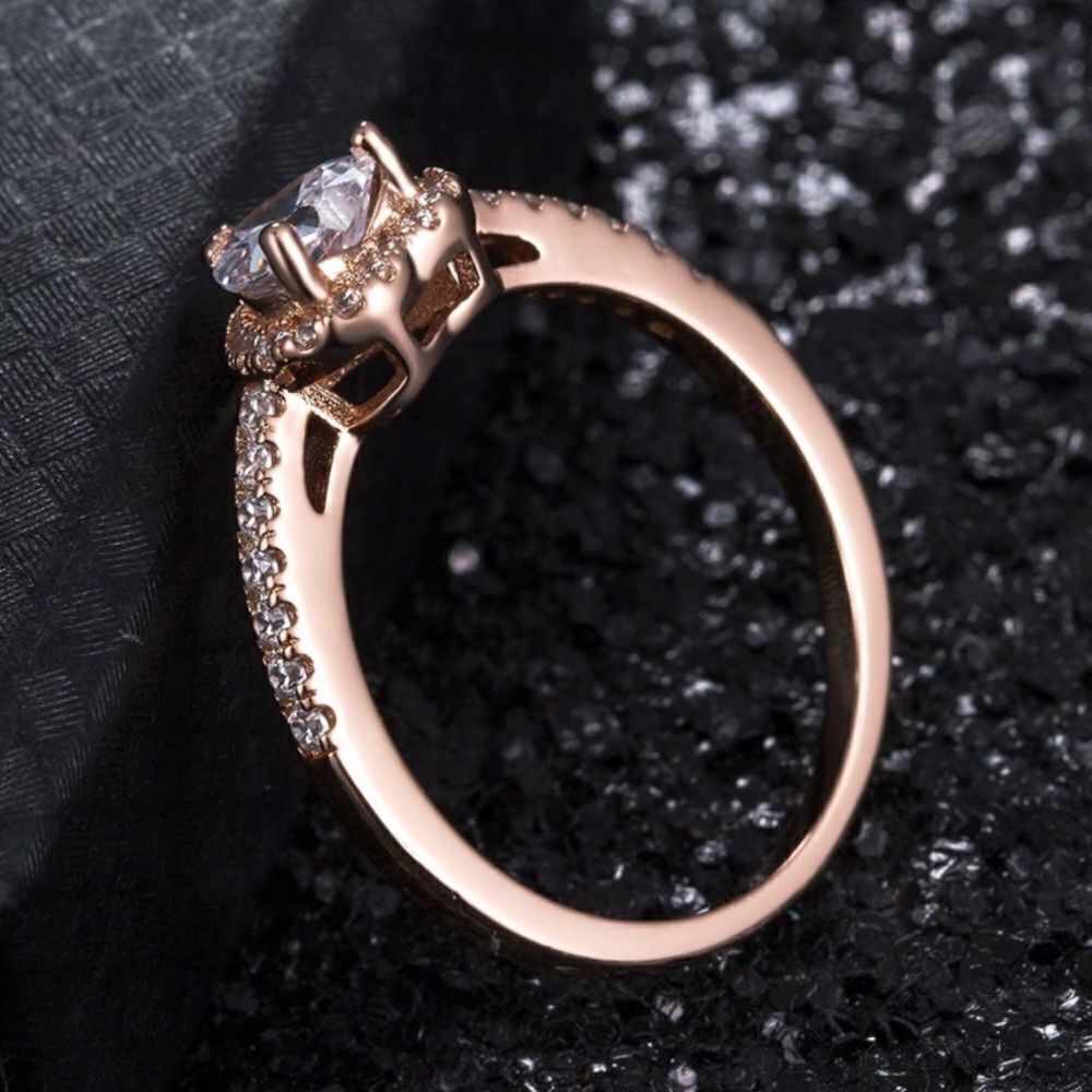 18K Rose Gold and White Diamond Cubic Zirconia Halo Heart Engagement Ring - Picture 4 of 7
